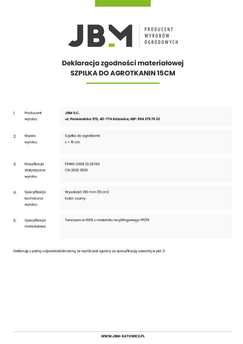 Deklaracja zgodności materiałowej Szpilka do agrotkanin 15 cm